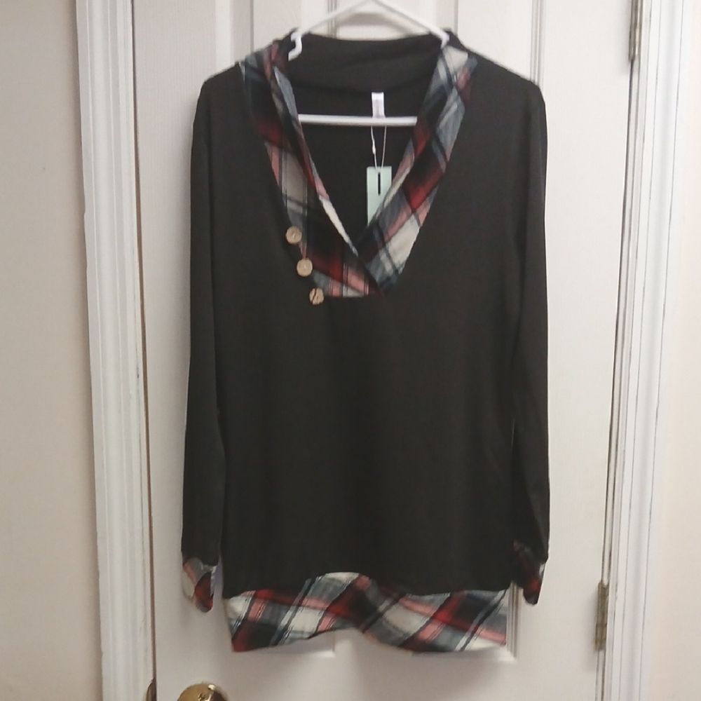 DRESSFO Plaid Trim Black Long Sleeve Top COWL NECK OR NOT! Size XL NWT